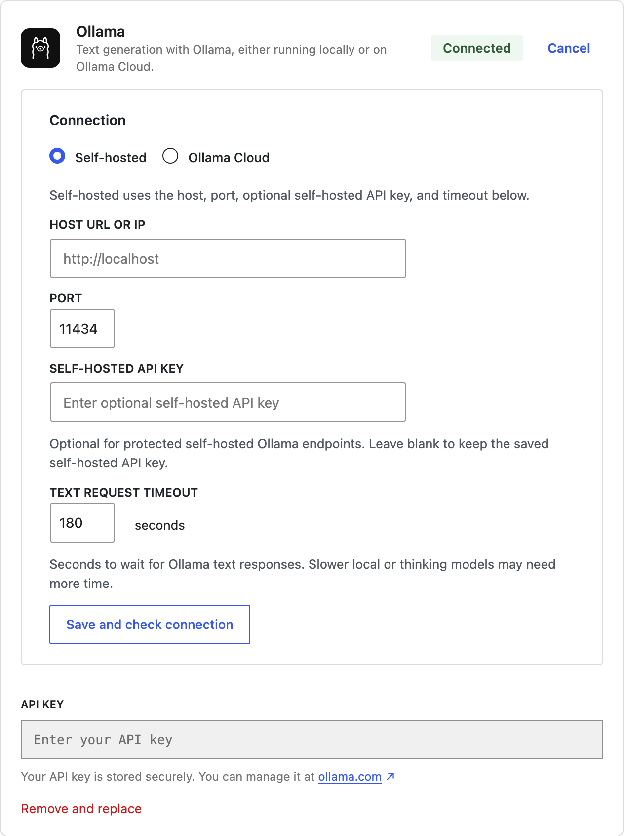 The Ollama connector on the WordPress Connectors screen