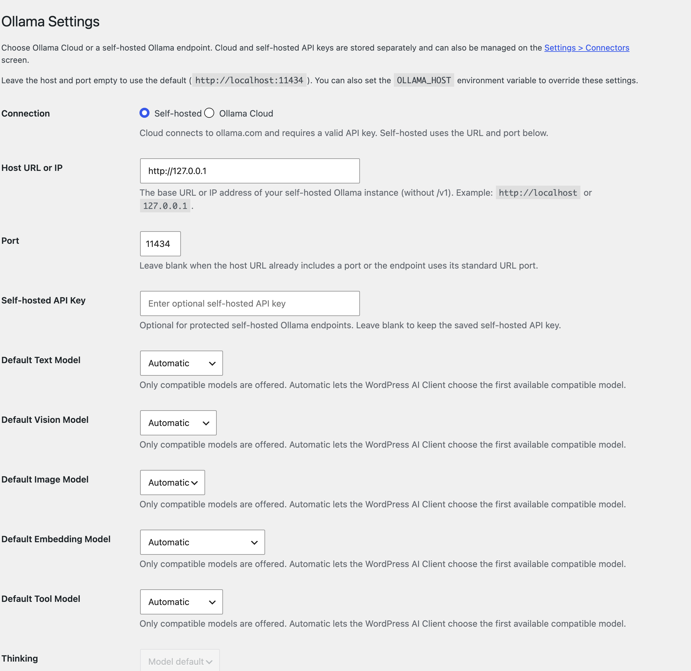 The Ollama settings screen in WordPress
